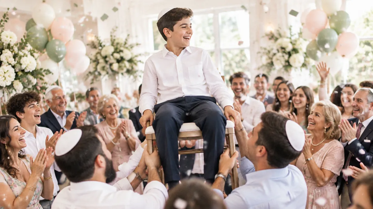 חגיגת בר מצווה באולם מואר: נער מורם על כיסא בין בני משפחה שמחים וקונפטי