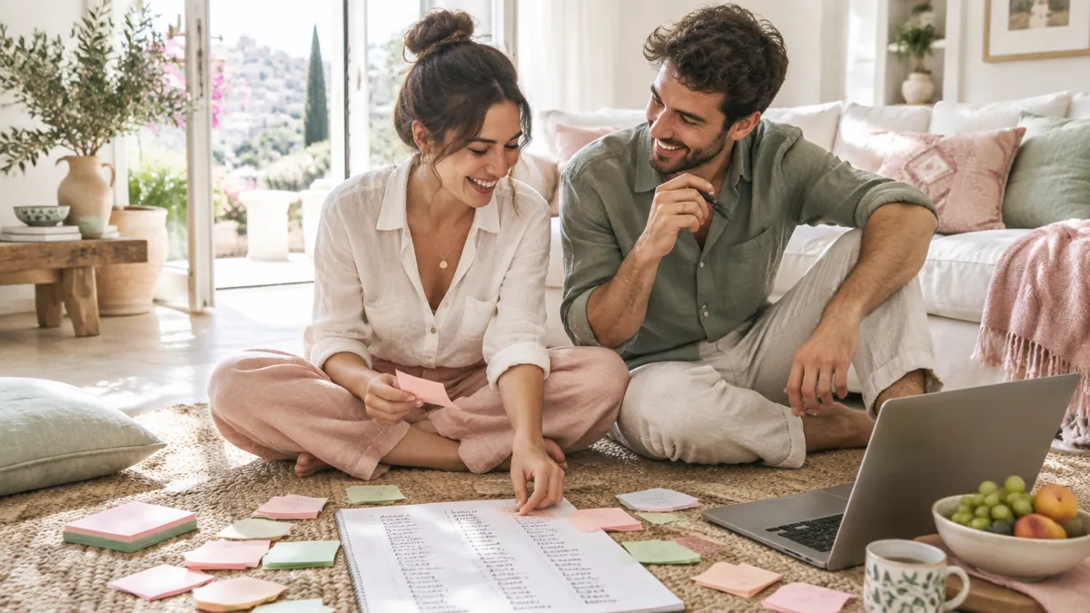 זוג יושב על הרצפה בסלון מואר מוקף פתקים ורשימת מוזמנים ארוכה וצוחק