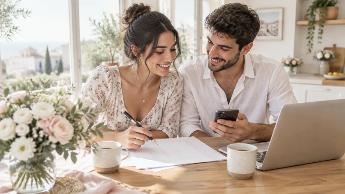 זוג יושב במטבח מואר ועובר על רשימת המוזמנים לחתונה עם טלפון ומחשב נייד