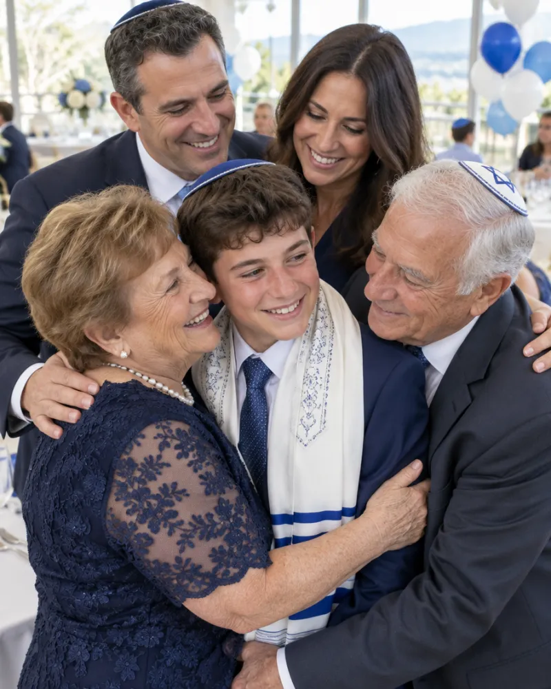 משפחה מחבקת נער בר מצווה באולם אירועים מואר